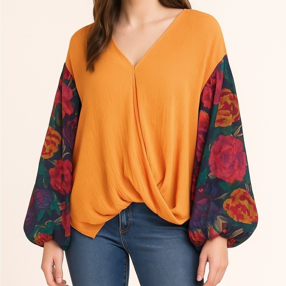 Umgee Blouse Size S Orange Multicolor Floral Ballon Sleeve Oversized Boho